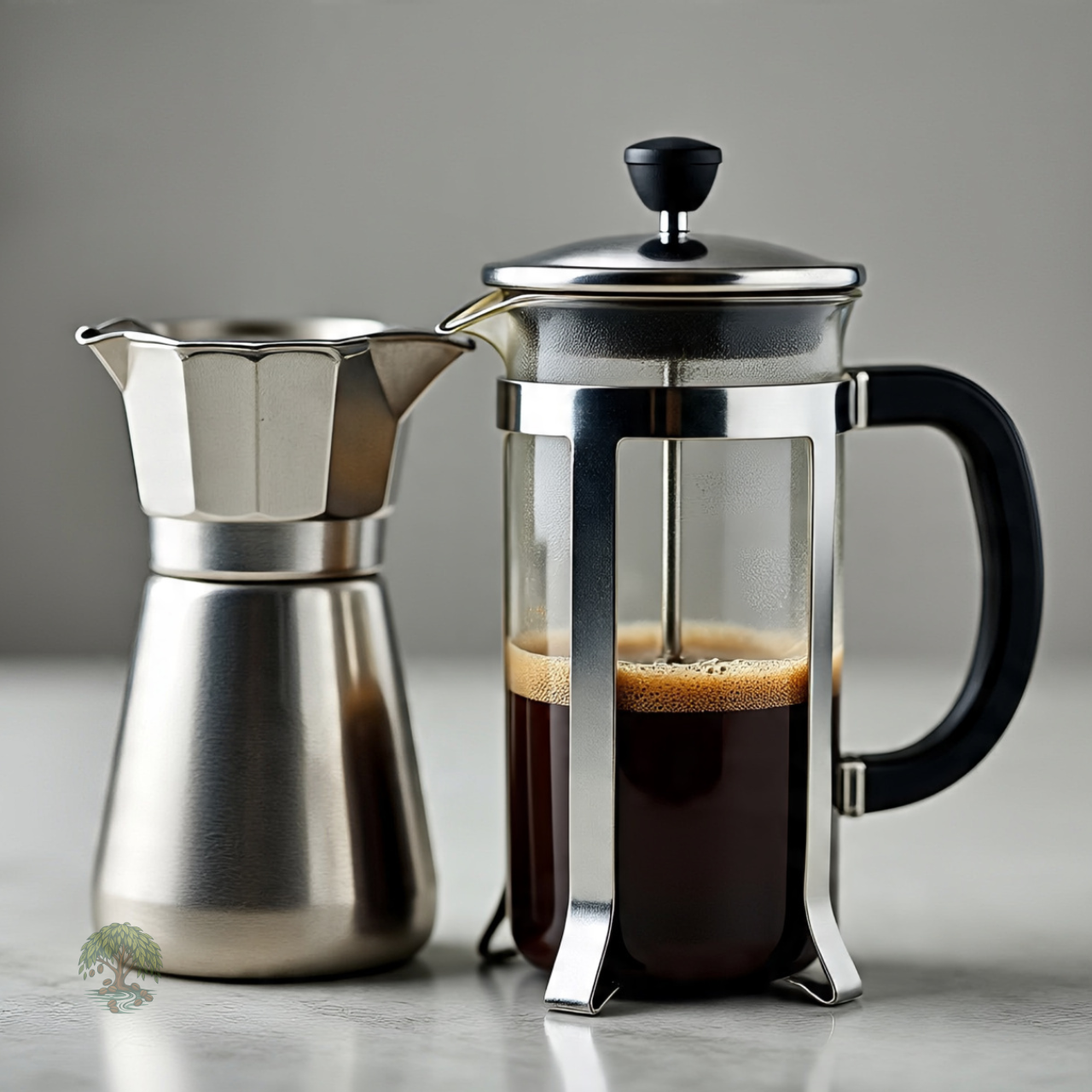 Silver and black French press coffee
