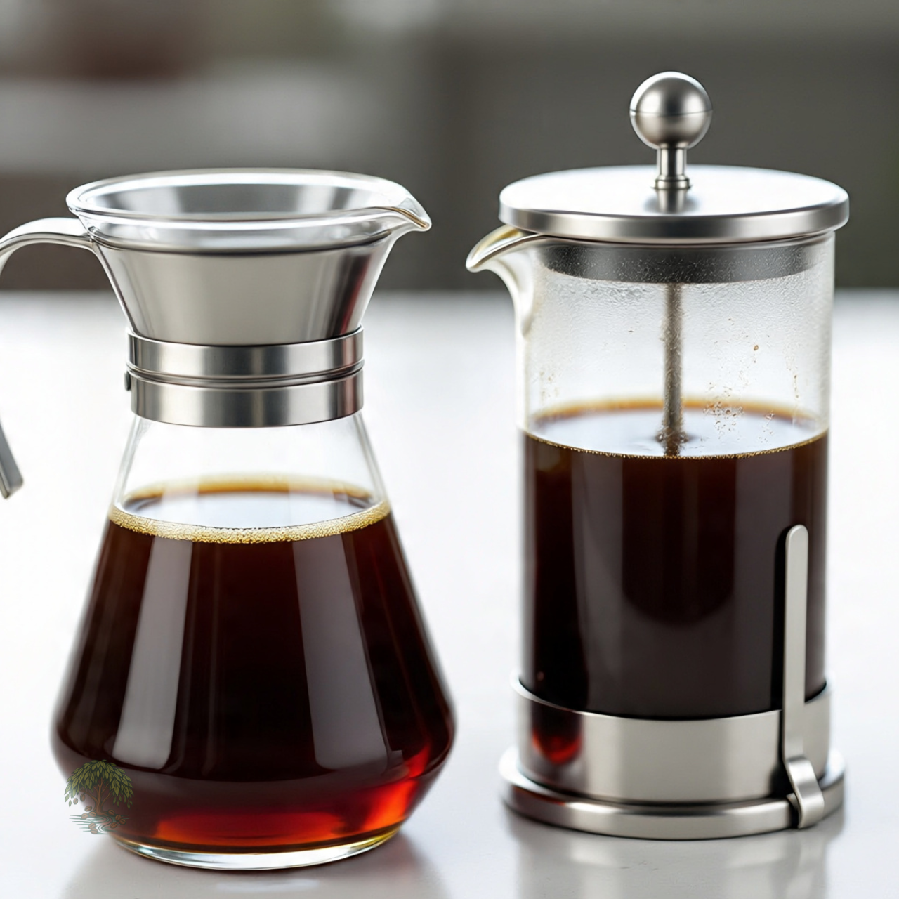 Two glass coffee french press with silver hardware on a reflective surface.