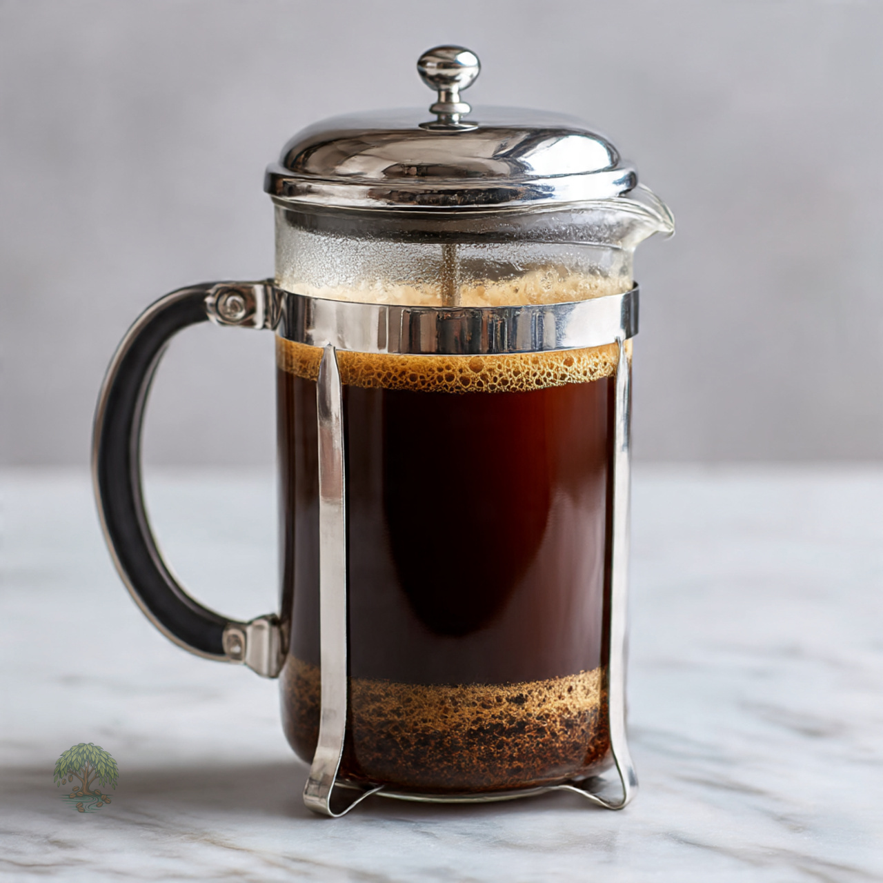 French press filled with coffee on a marble surface
