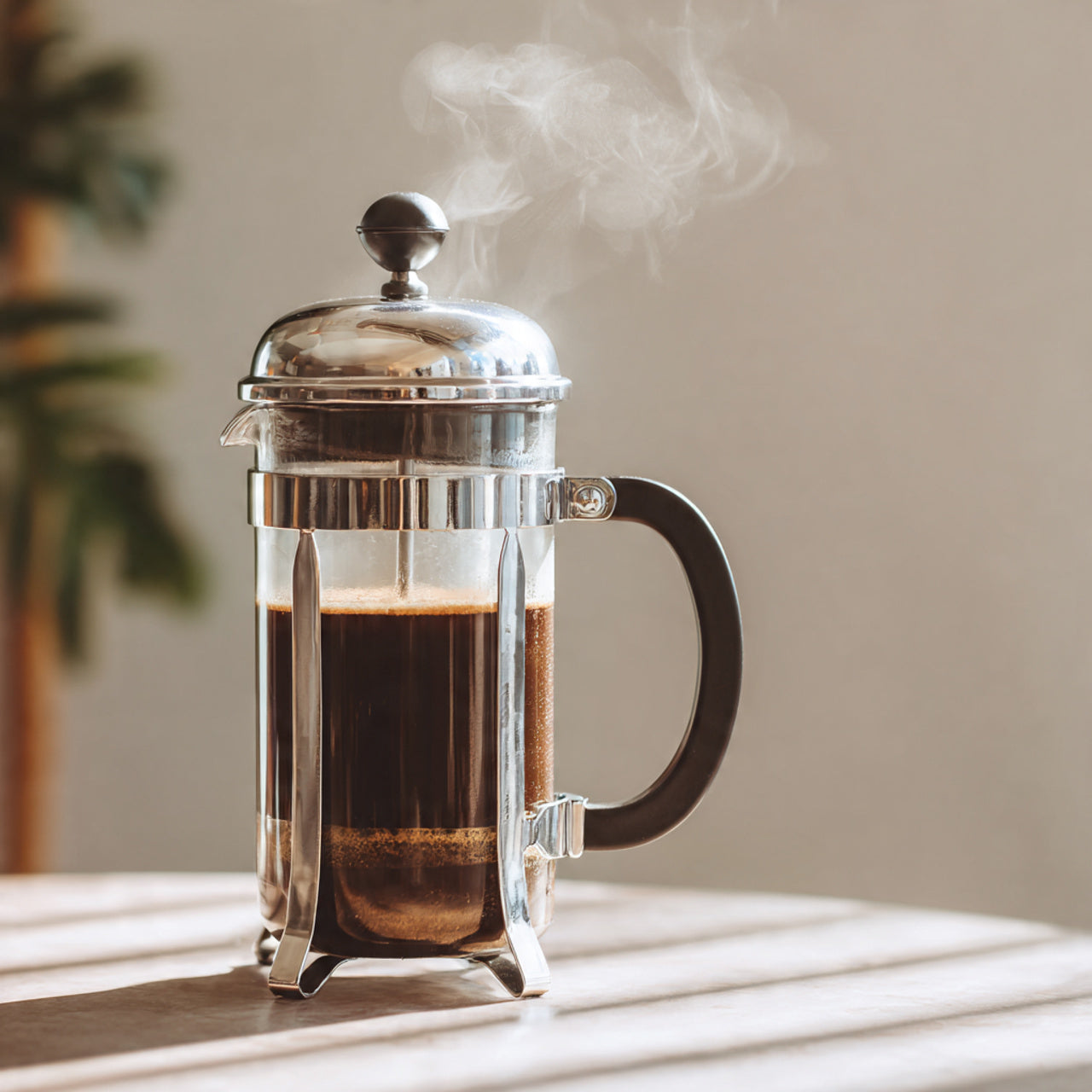 French press with steaming ethiopia coffee on a wooden surface
