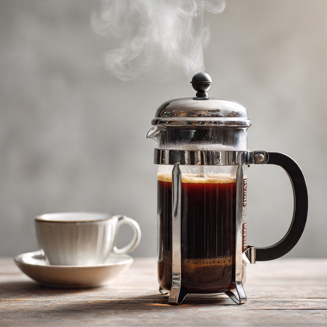 French press with steaming nicaragua coffee and a cup on a wooden table