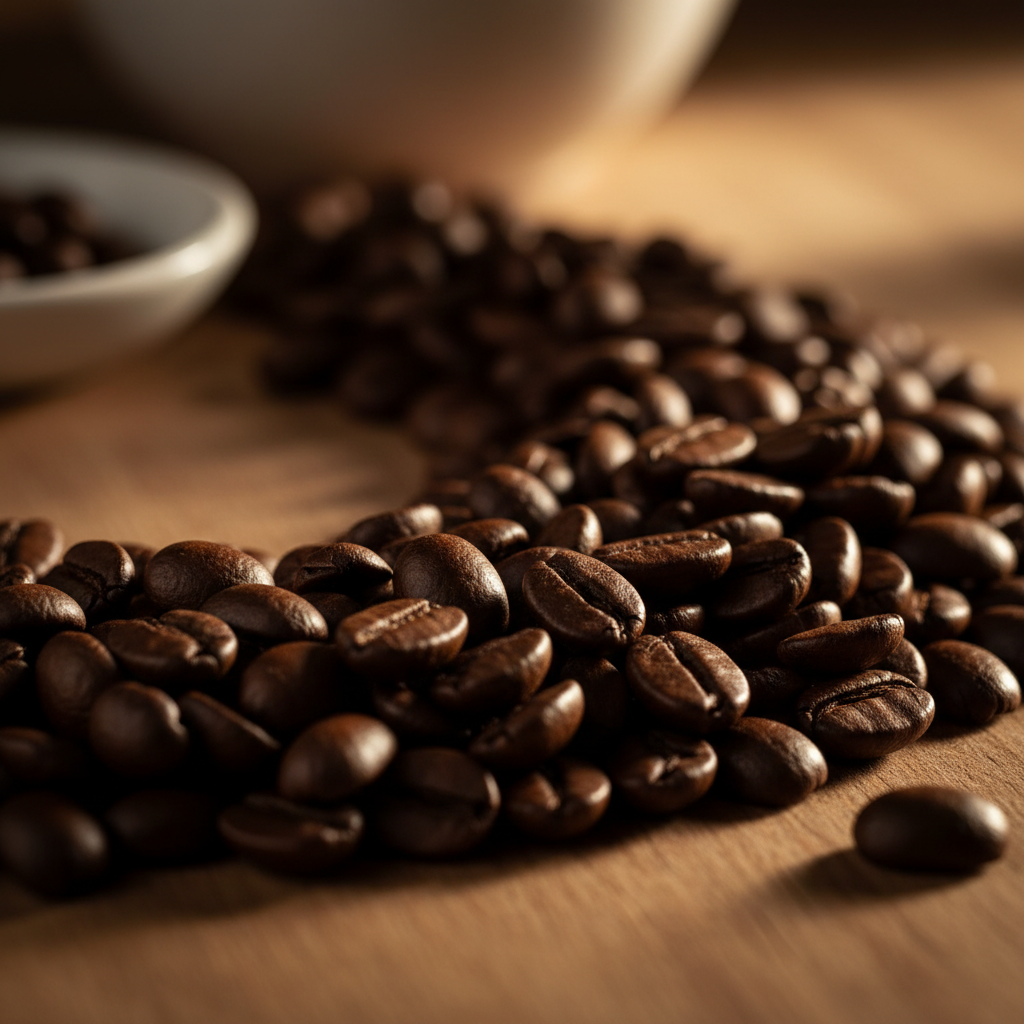 Dark roast coffee beans french style with chocolate and bold aroma