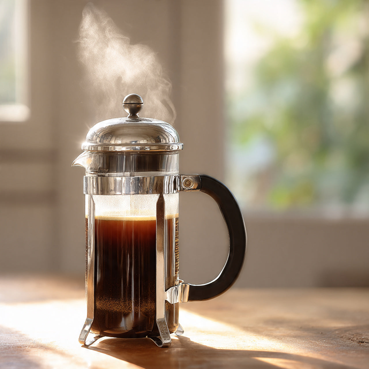 French press with steaming candy cane coffee on a wooden surface