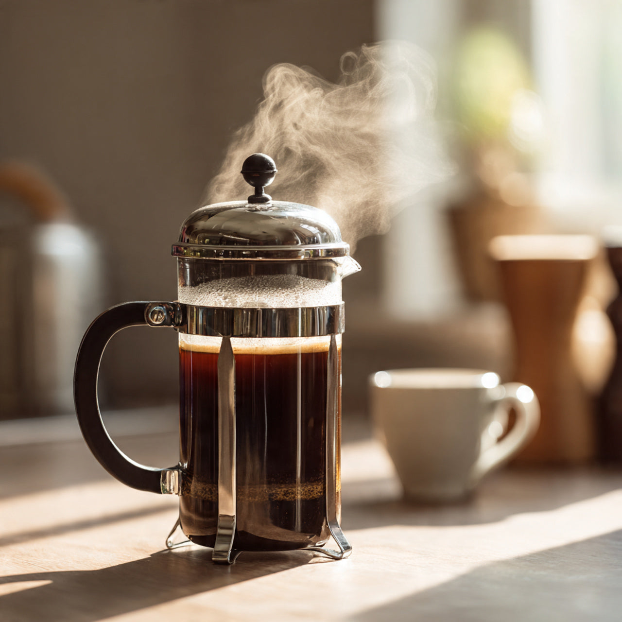 Steaming French press filled with cinnamon hazelnut coffee on a wooden surface.
