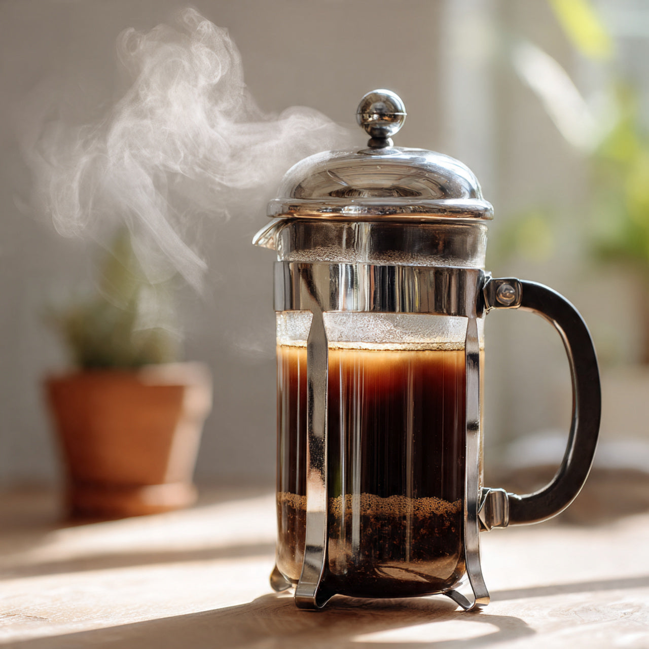Steaming French press dubai chocolate coffee on a wooden surface 