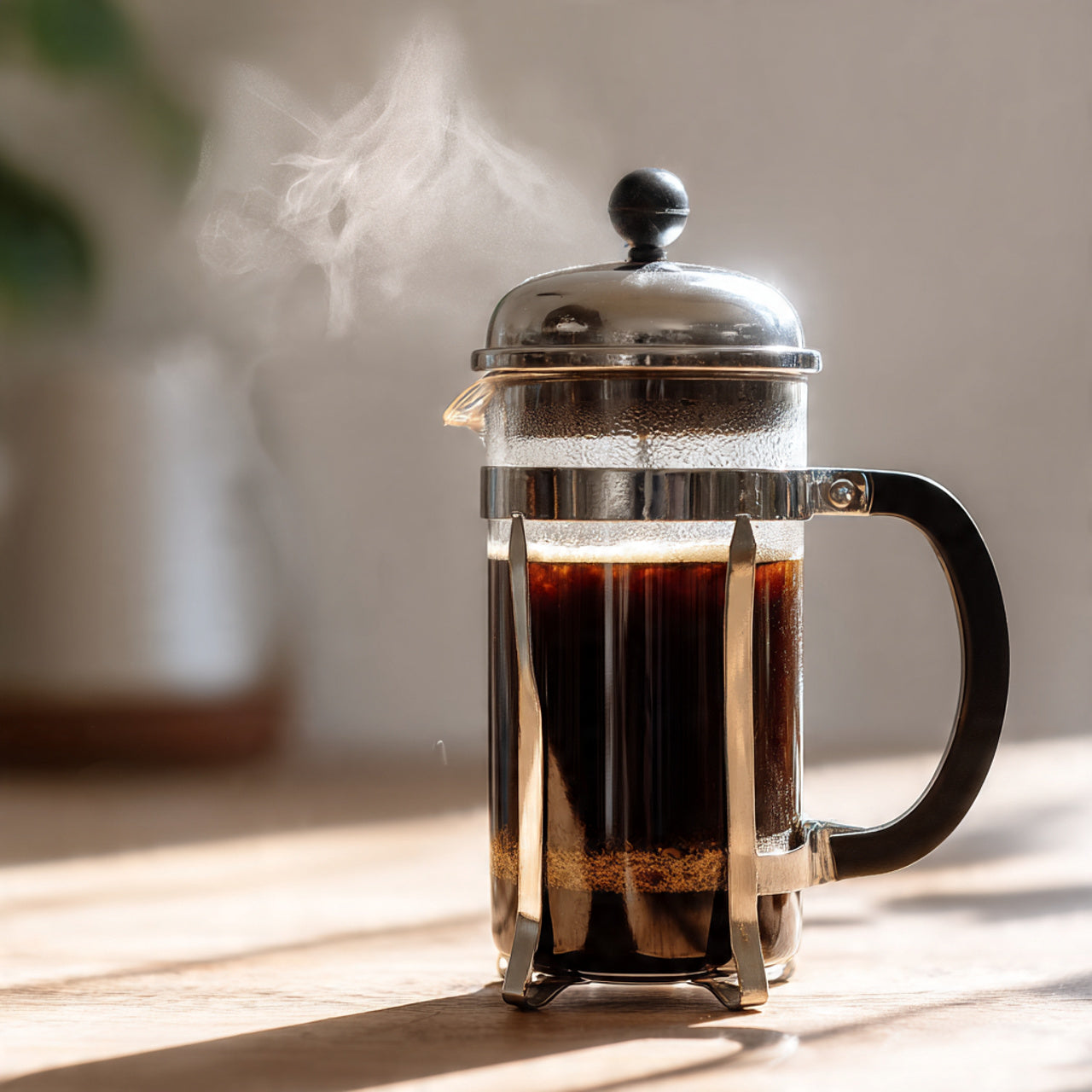 French press with french vanilla coffee on a wooden surface