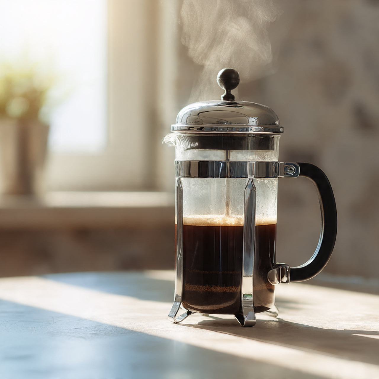 French press with steaming mint coffee on a wooden surface