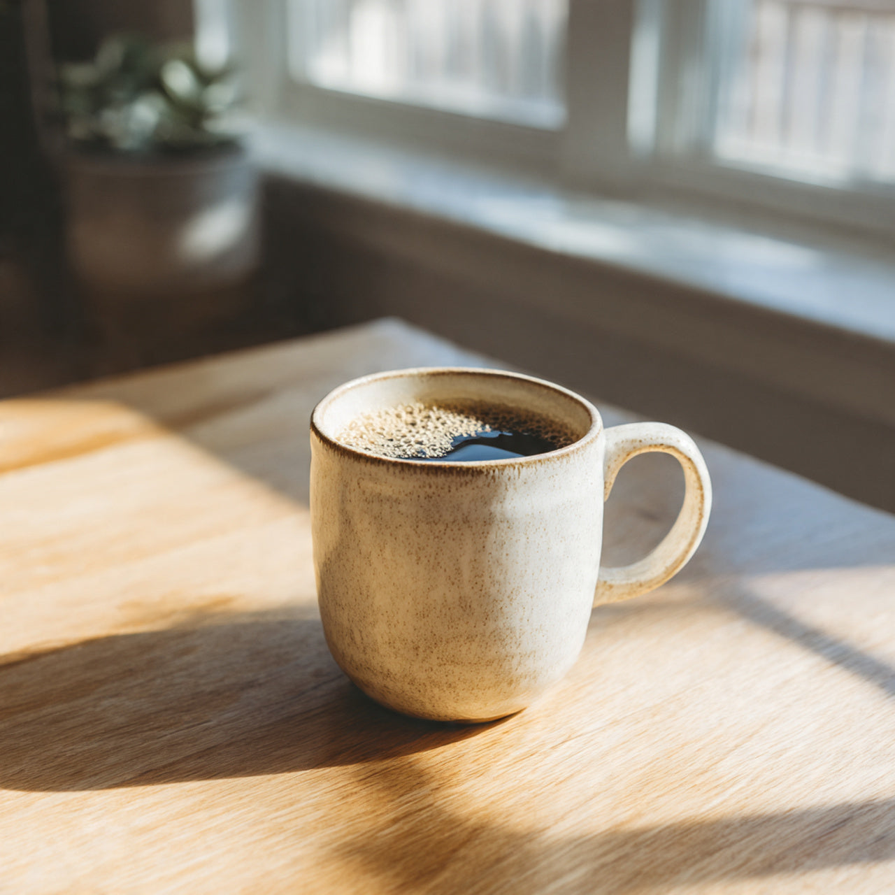 Ceramic mug with french vanilla coffee on a wooden table by a window