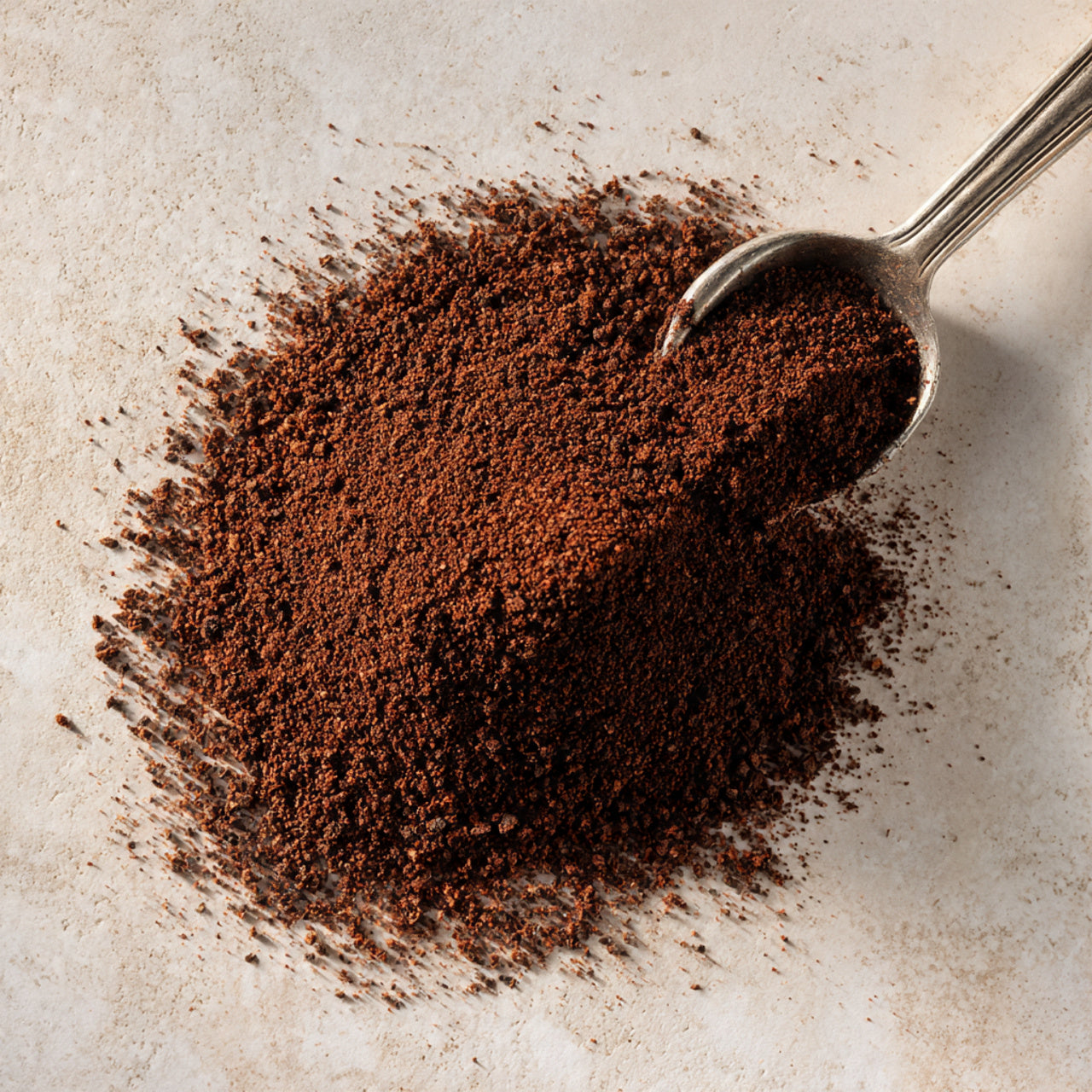 cold brew coffee grounds with a spoon on a textured surface