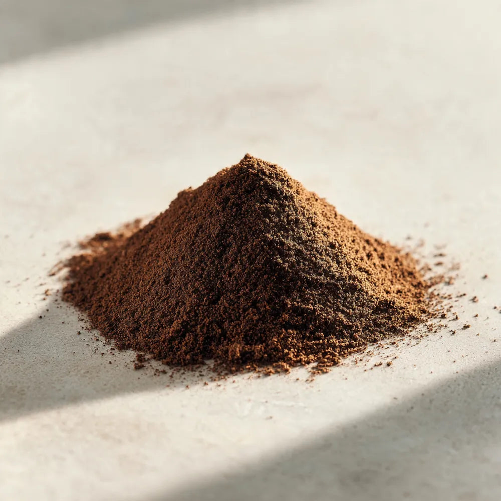 Pile of dark brown Honduras coffee grounds on a light surface