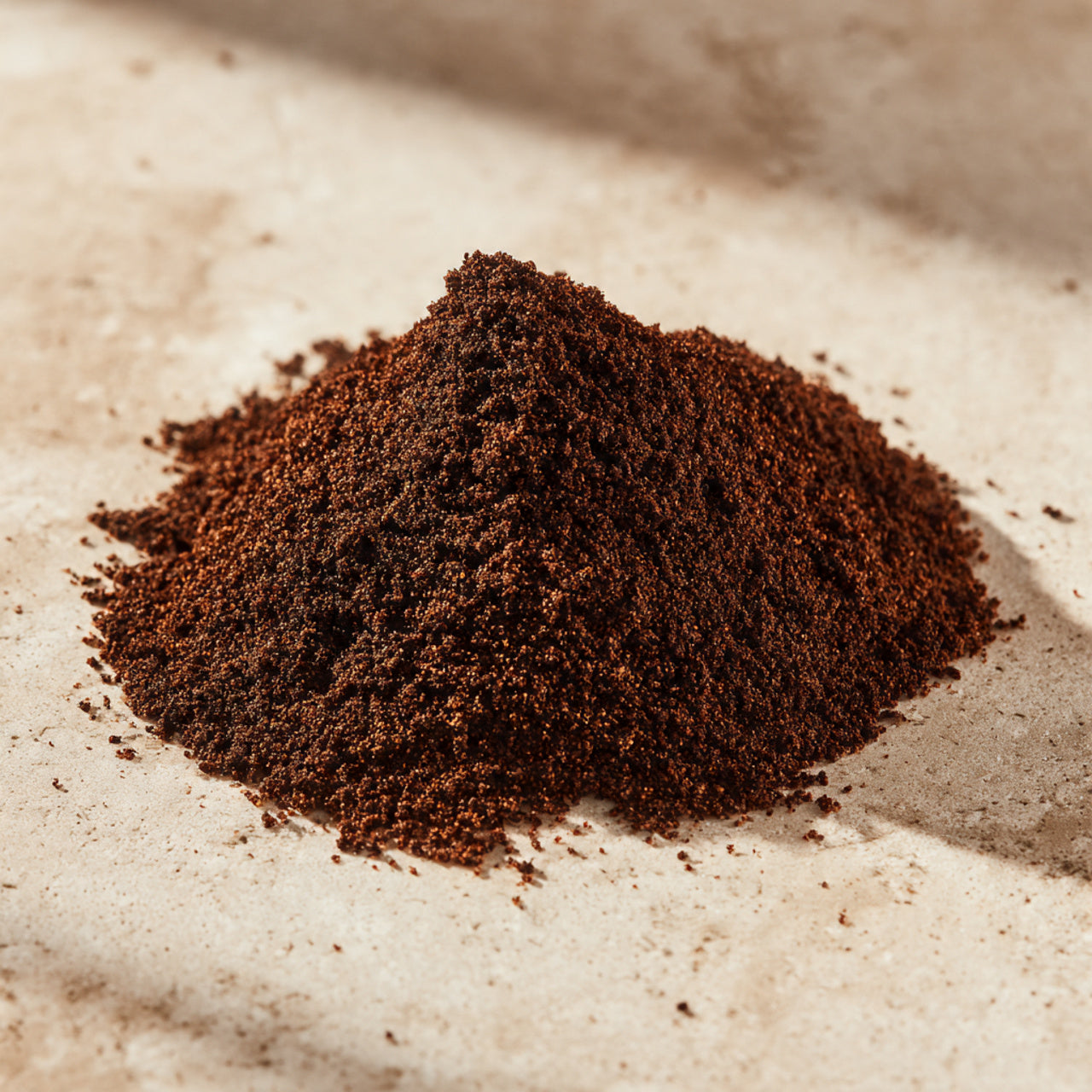Close-up of ground cowboy blend coffee on a textured surface