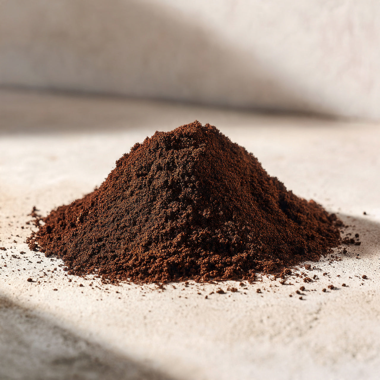 Close-up of a pile of dark house blend coffee grounds on a light background