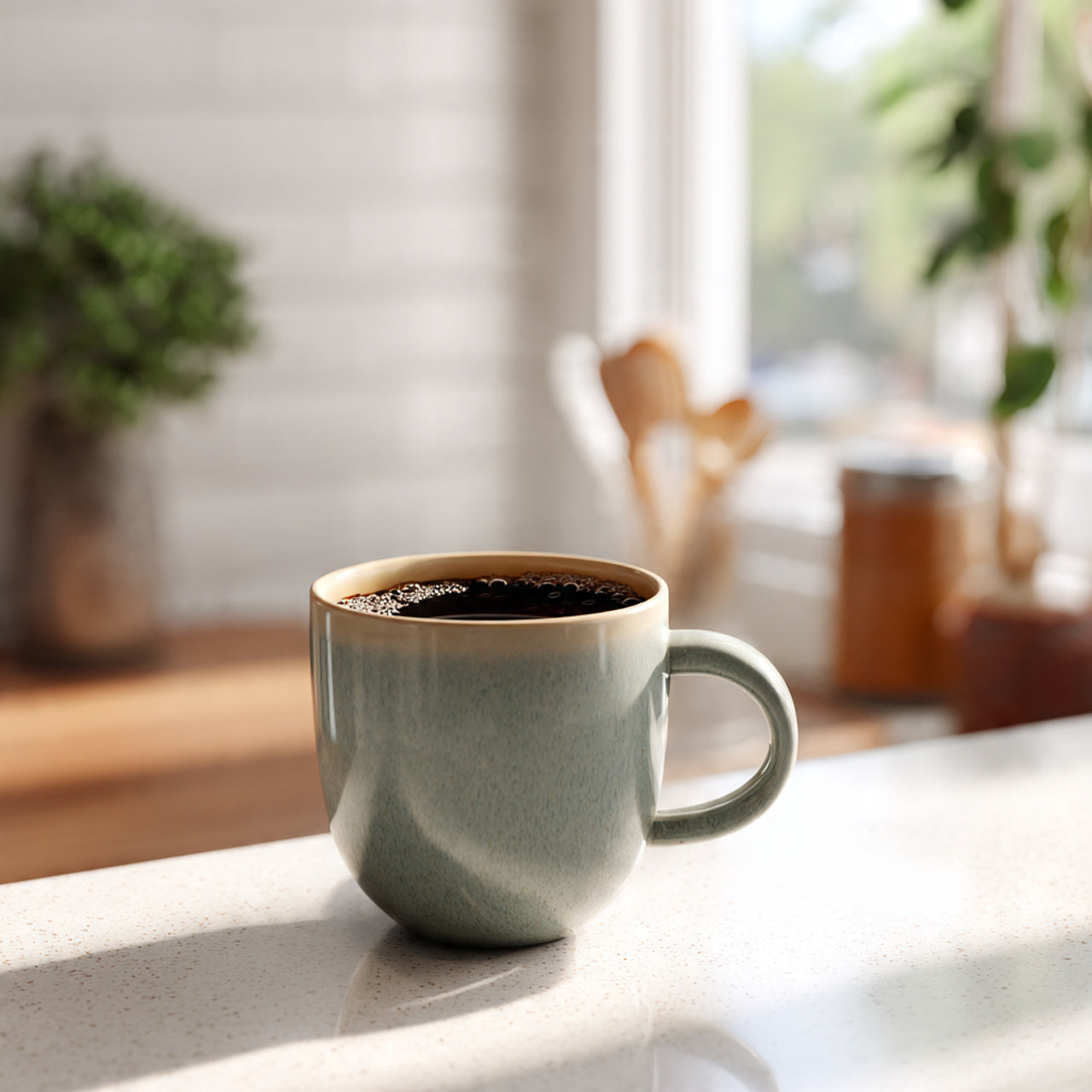 Green mug with cinnamon hazelnut 
coffee on a table in a bright room with plants