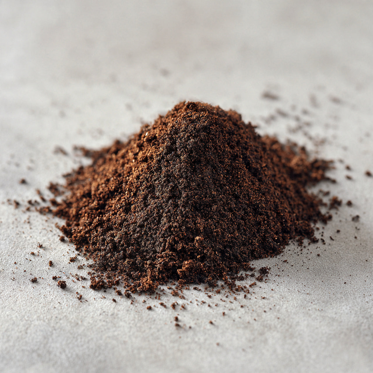 Close-up of brazil coffee grounds on a light gray surface