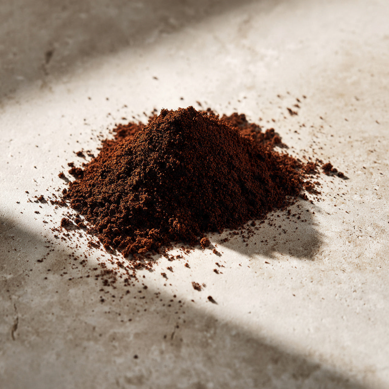 Close-up of chocolate hazelnut coffee grounds on a textured surface