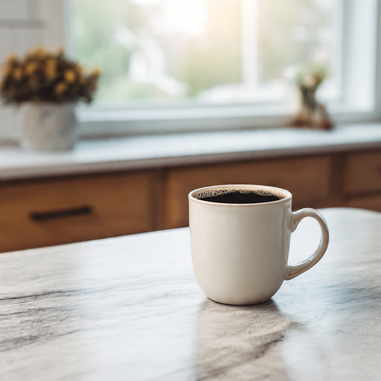 White mug with  mint
coffee on a marble countertop in a kitchen