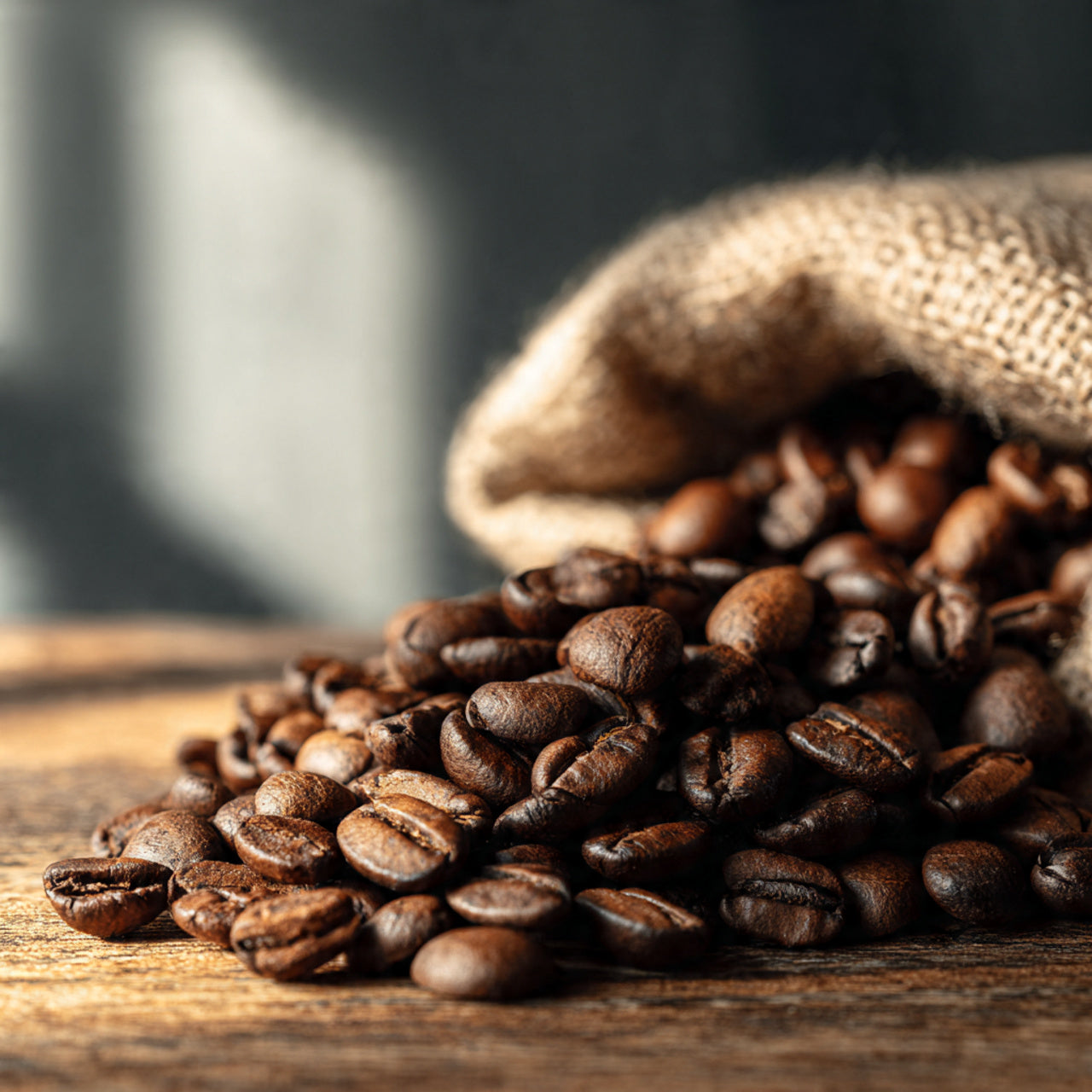 pile of mexican coffee beans on a wooden surface.