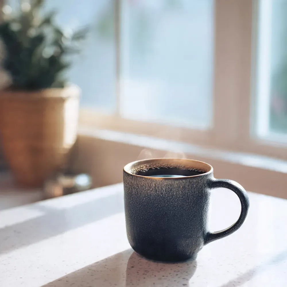A dark textured ceramic mug filled with black Peru Decaf coffee sits on a light speckled countertop in front of a softly blurred window, with a potted plant in the background.