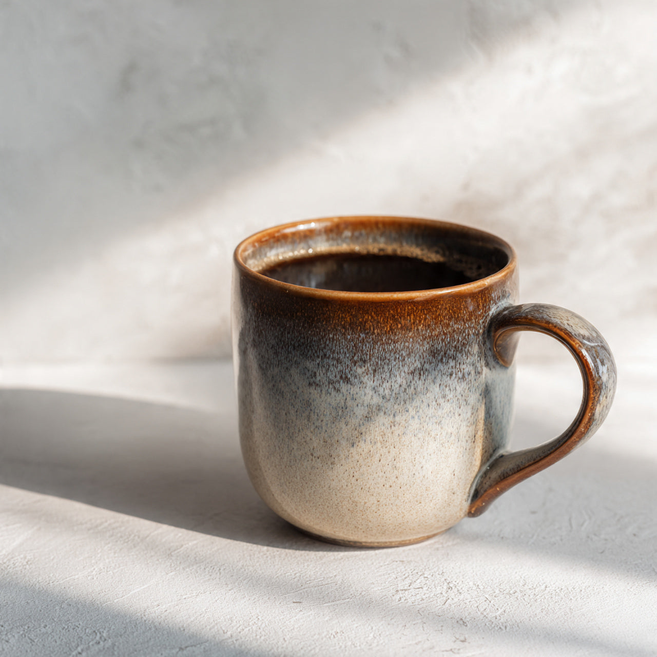 Ceramic mug peru coffee with brown rim and speckled body on a light background