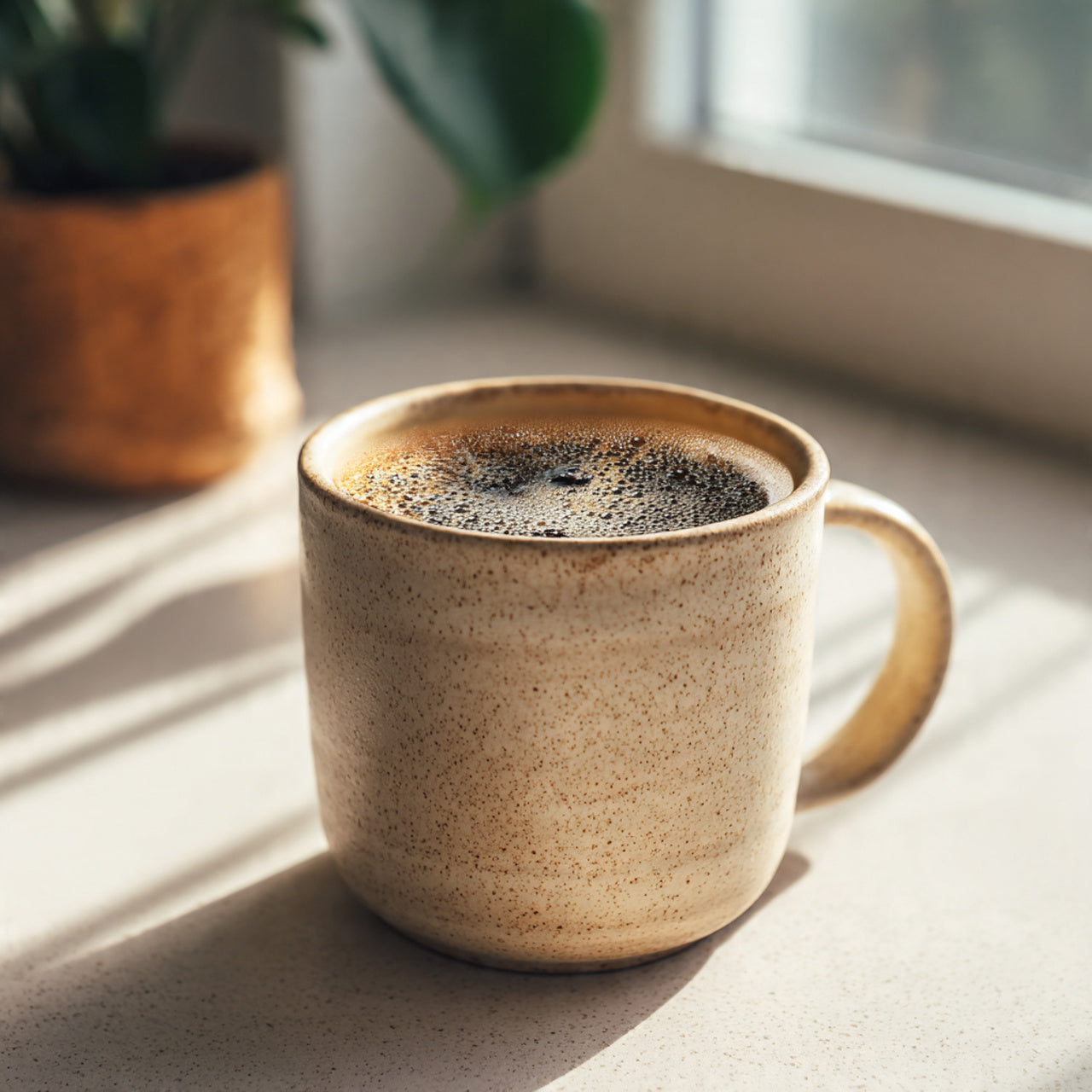 Ceramic mug with candy cane coffee on a windowsill with natural light