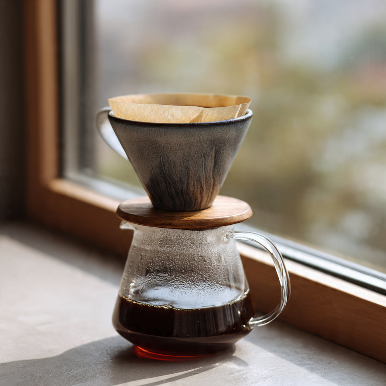 gourmet donut shop coffee brewing setup with a glass carafe and wooden dripper on a windowsill.