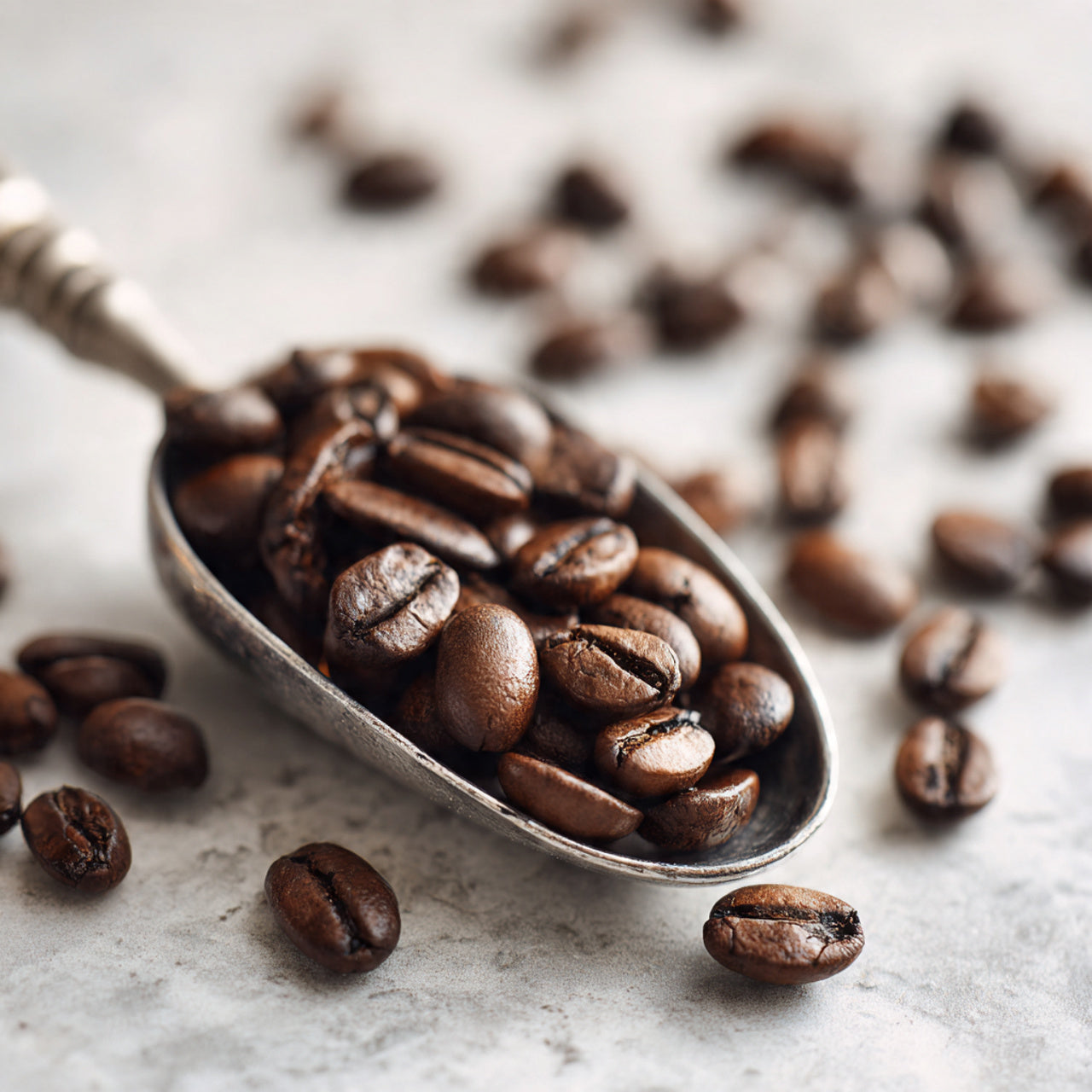 scoop filled with gourmet donut shop 
coffee beans on a light surface with scattered beans.