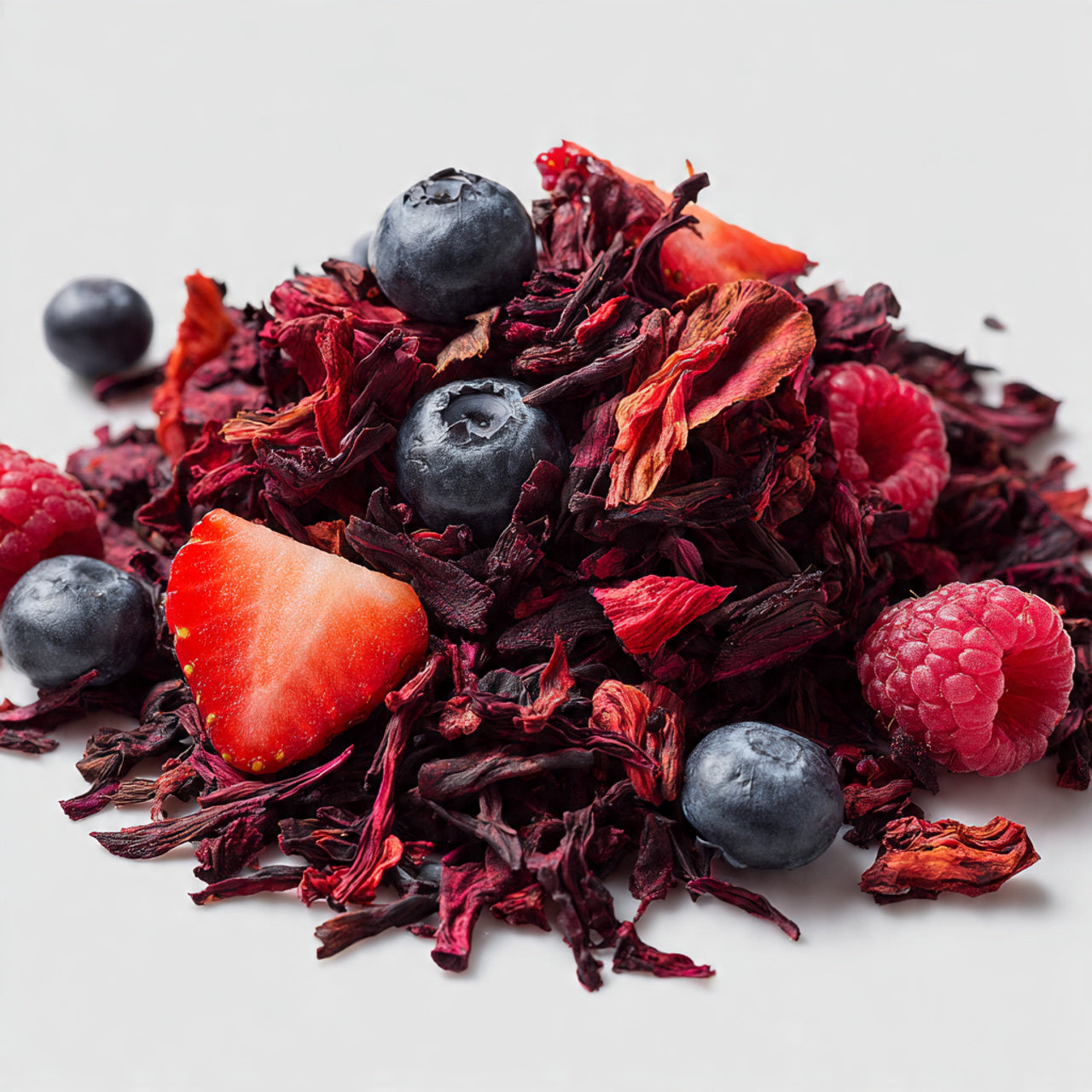hibiscus and berry loose leaf tea mix on a white background