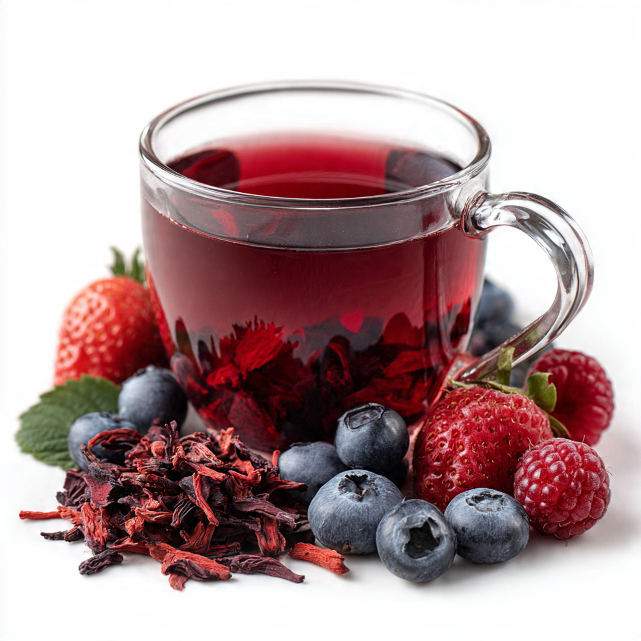 Clear glass mug filled with hibiscus berry tea surrounded by strawberries, blueberries, and raspberries on a white background
