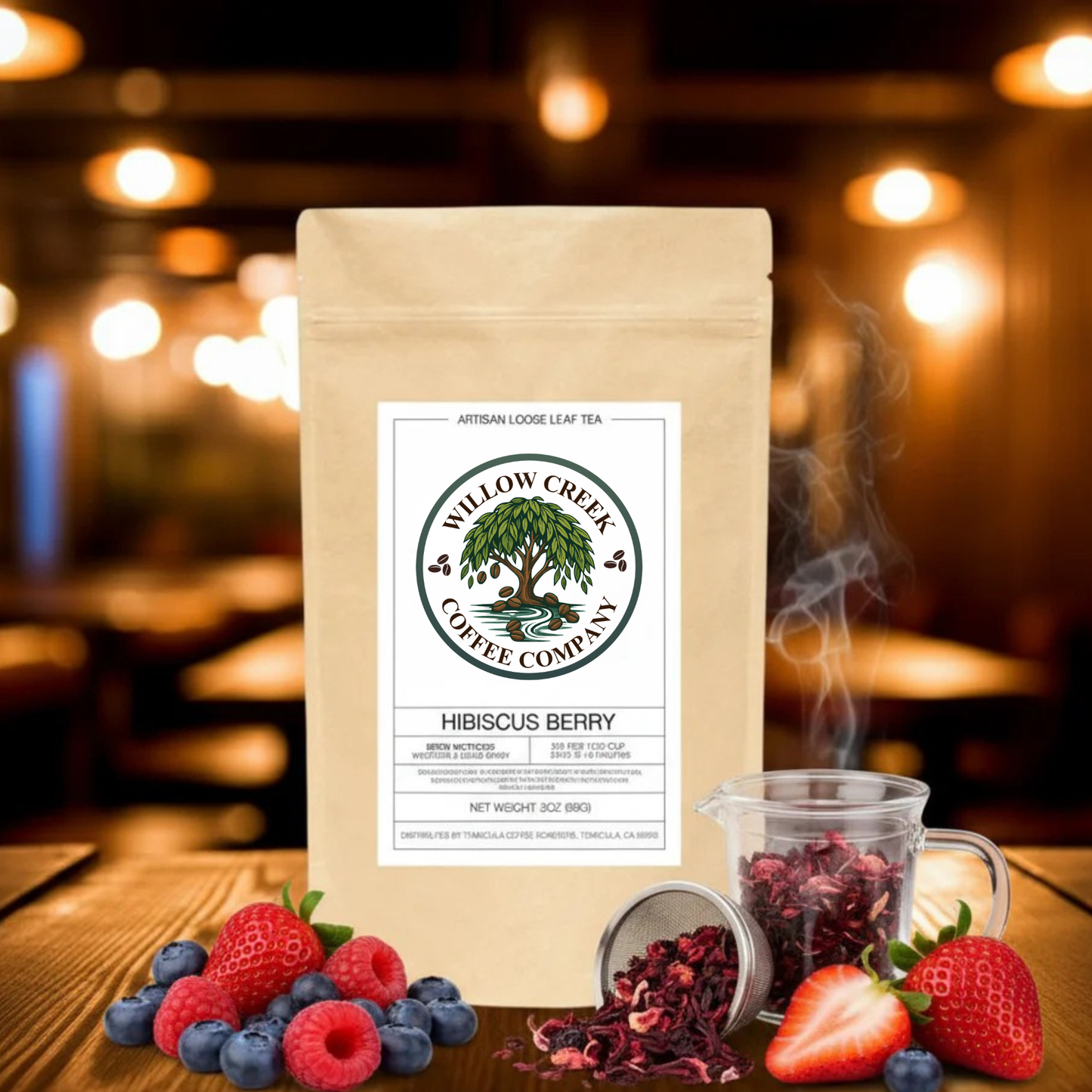 Loose hibiscus berry leaf tea package with berries and a steaming cup on a wooden surface.