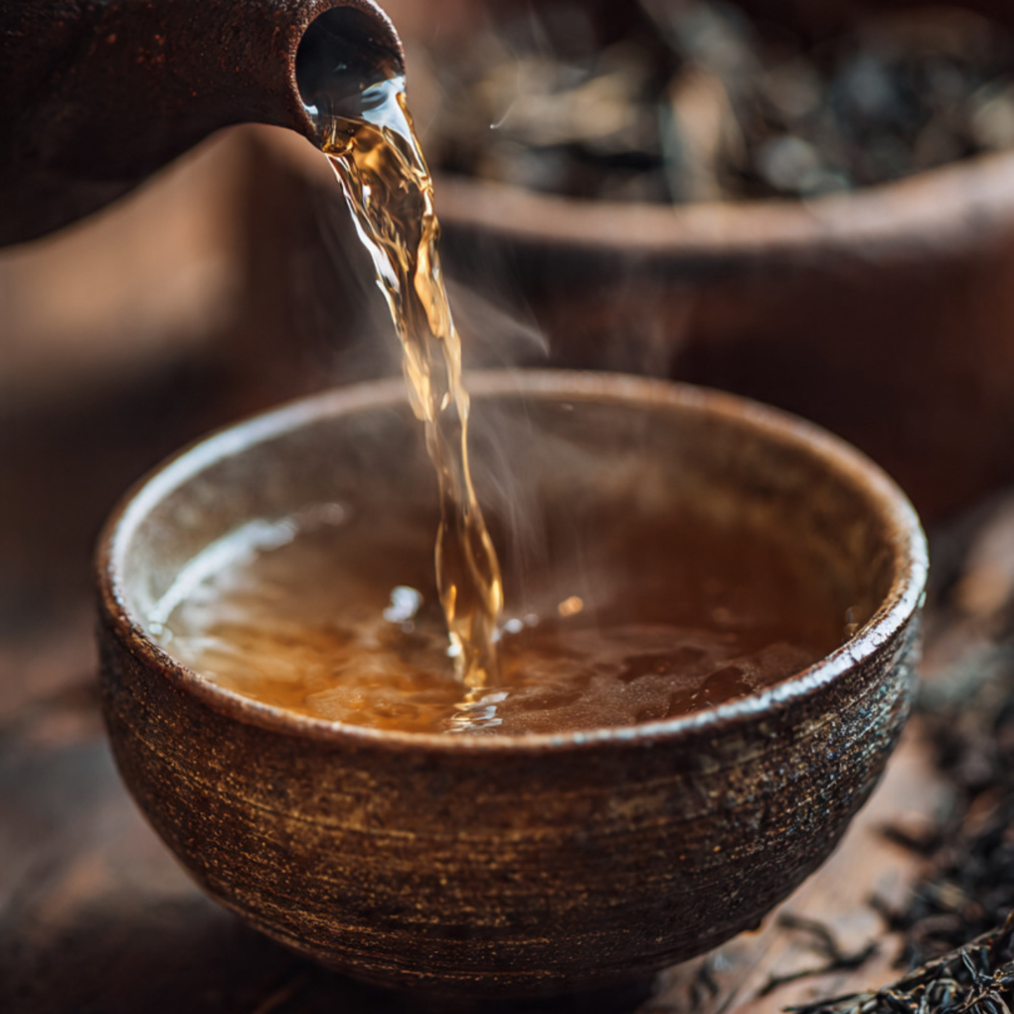 Tea being poured from a teapot into a ceramic cup with steam rising.