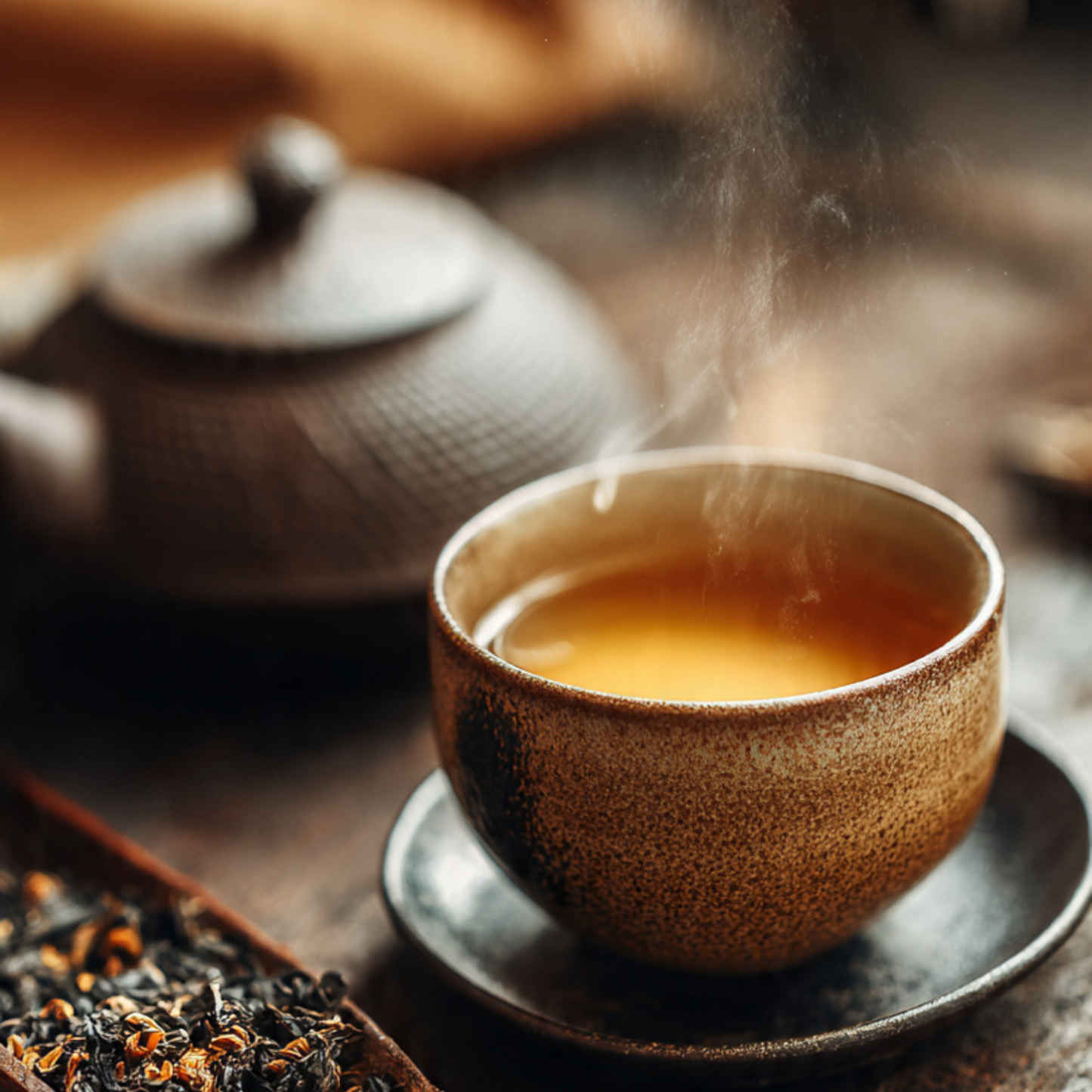 Steaming cup of tea with a teapot and tea leaves on a wooden surface