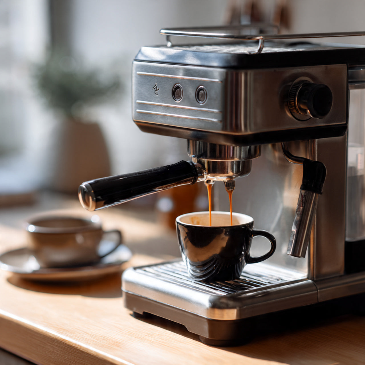 Espresso machine pouring 6 bean coffee into a black cup on a wooden surface.