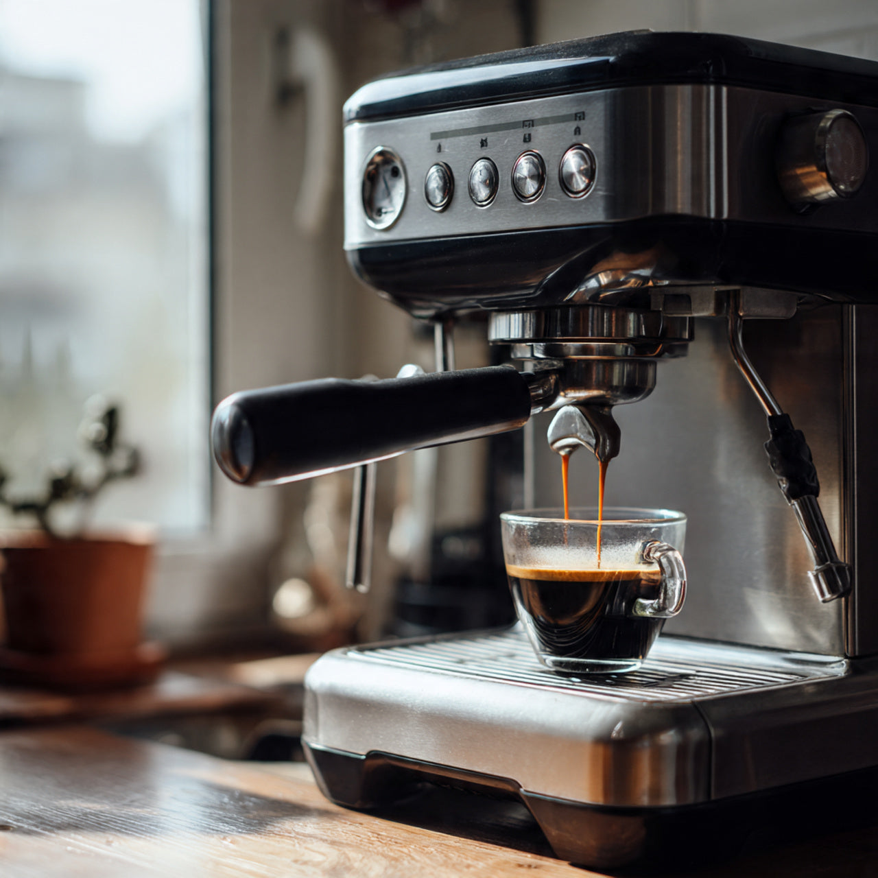 Espresso machine brewing a cup of african espresso coffee on a wooden surface.