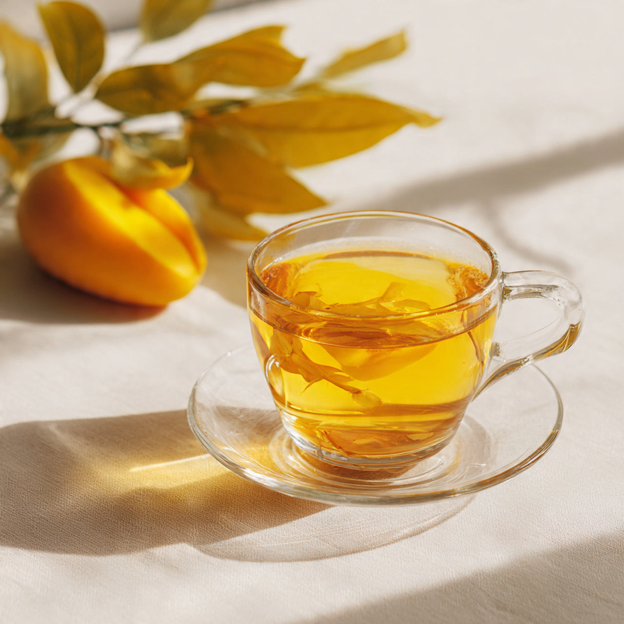 Hot mango tea in cup.