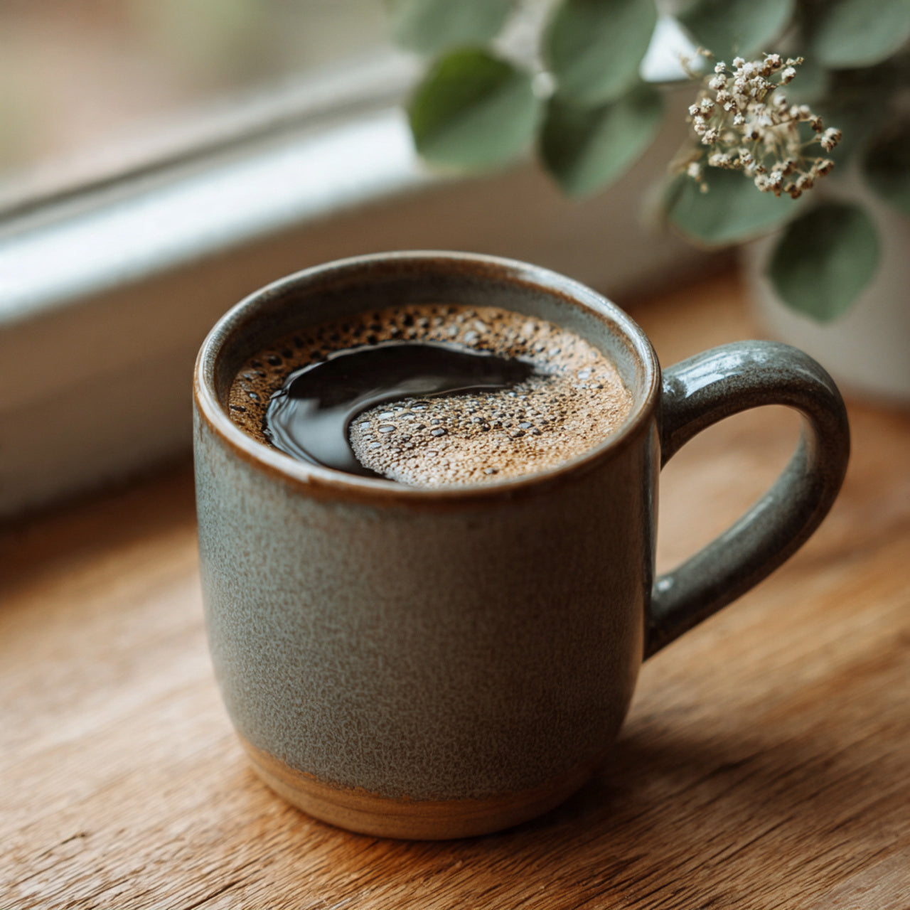 coffee mug with house blend coffee on a wooden surface with plants in the background