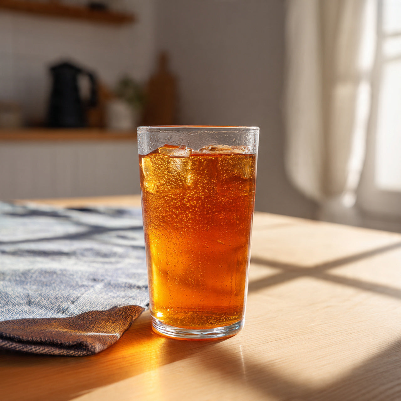 Glass of iced apple cider tea on a wooden table with a kitchen background