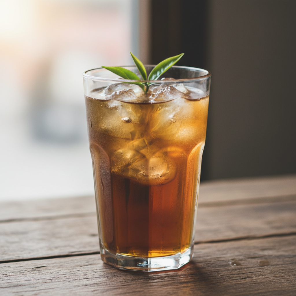 Iced hojicha tea in glass.