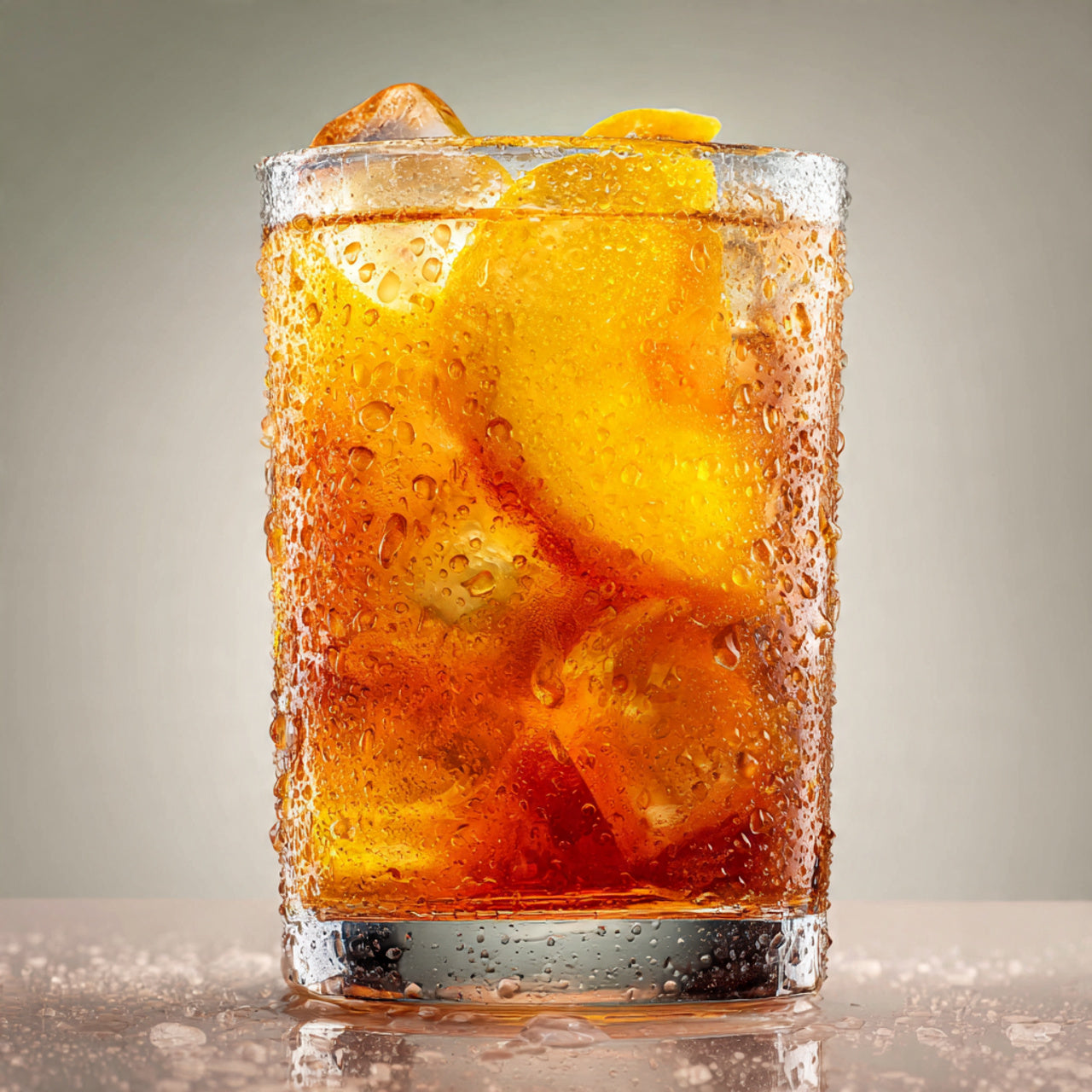 Iced peach tea in glass.