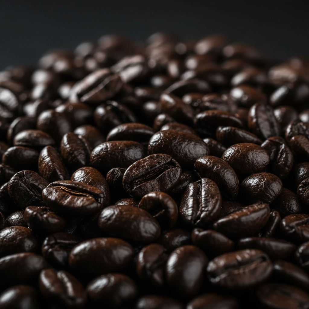 Close-up of French Roast coffee beans showing very dark roast with distinctive oily sheen and bold character