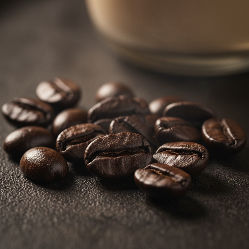 Dark roast coffee beans Italian style with smoky chocolate and bold aroma
