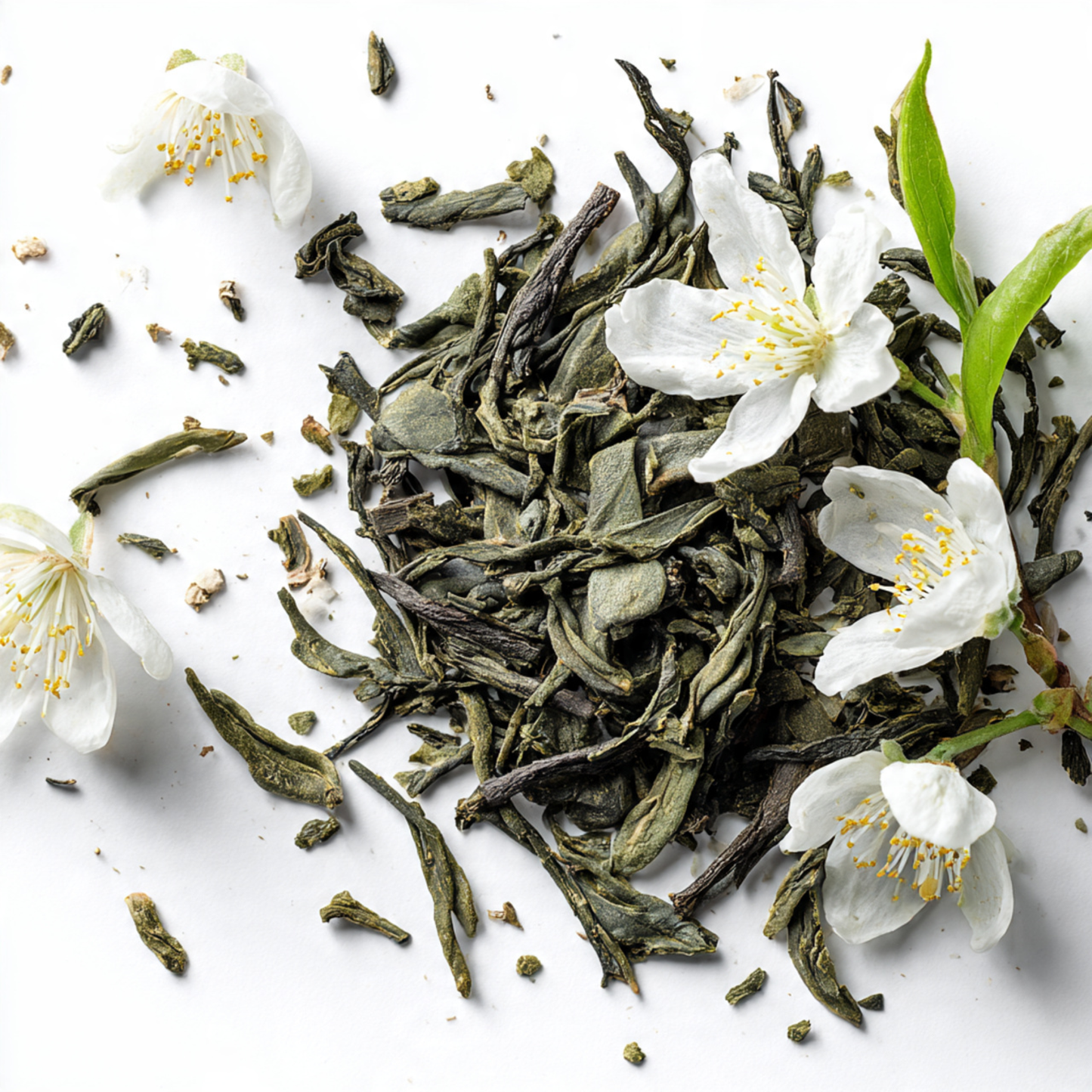 jasmine flowers and tea leaves and white flowers on a white background