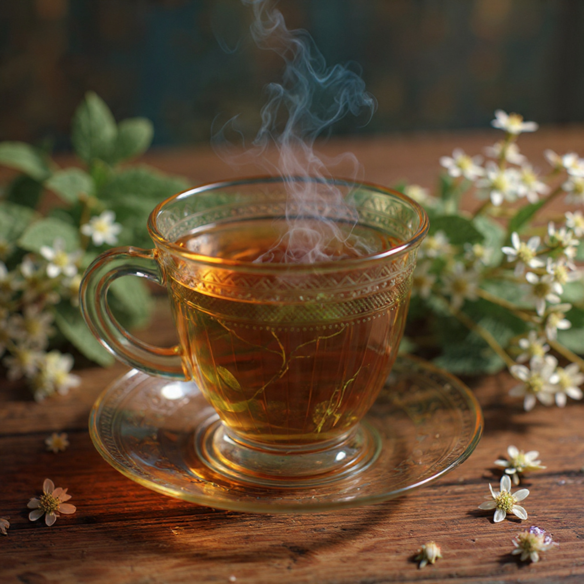 Steaming glass of jasmine tea on a wooden surface with flowers and leaves