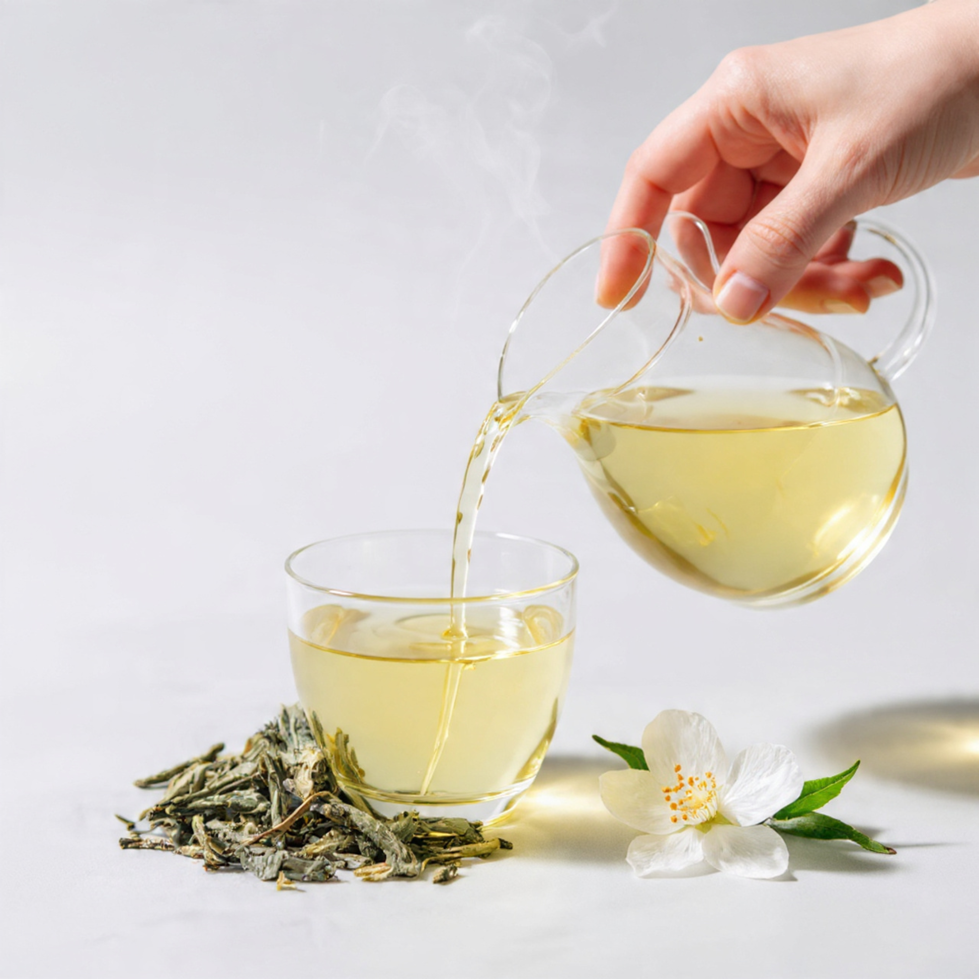 jasmine Tea being poured from a glass teapot into a glass cup with a white background