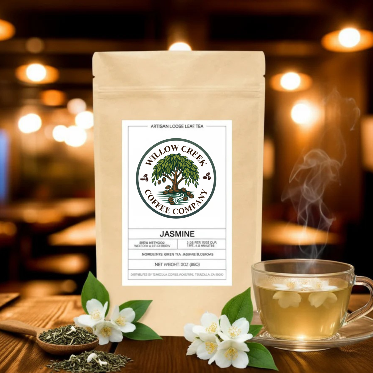Willow Creek Coffee Company Jasmine tea package with a steaming cup of tea on a wooden table.