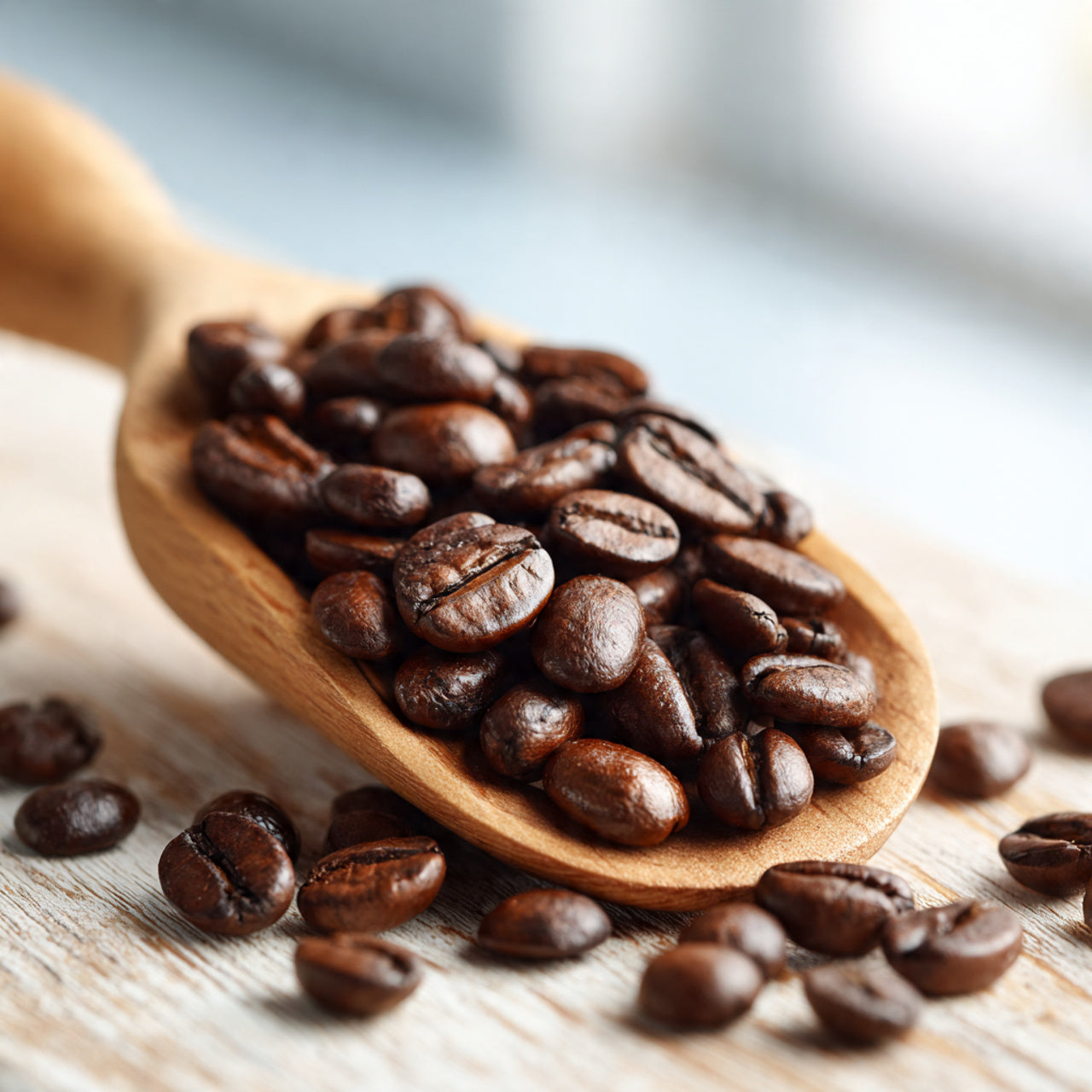 Wooden spoon filled with kenya coffee beans on a wooden surface