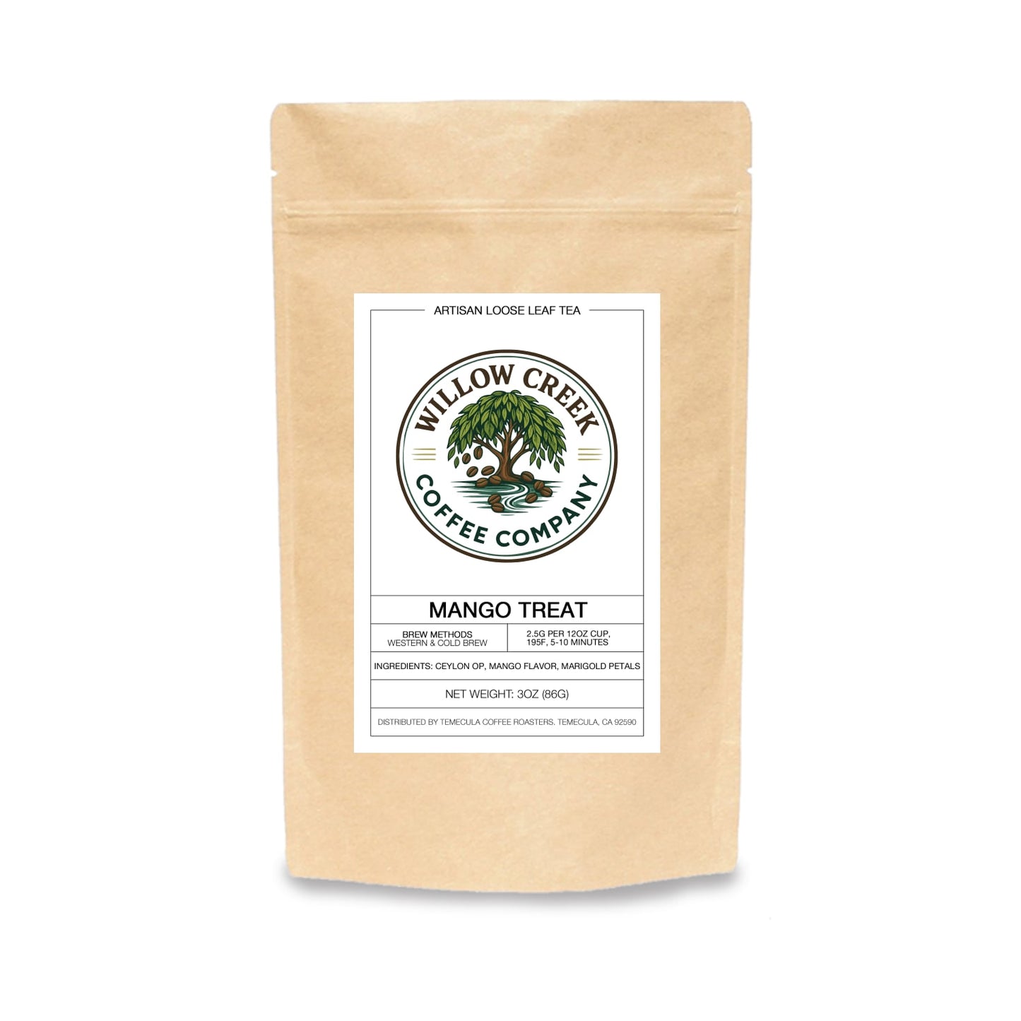 Willow Creek Coffee Company mango treat tea package on a white background