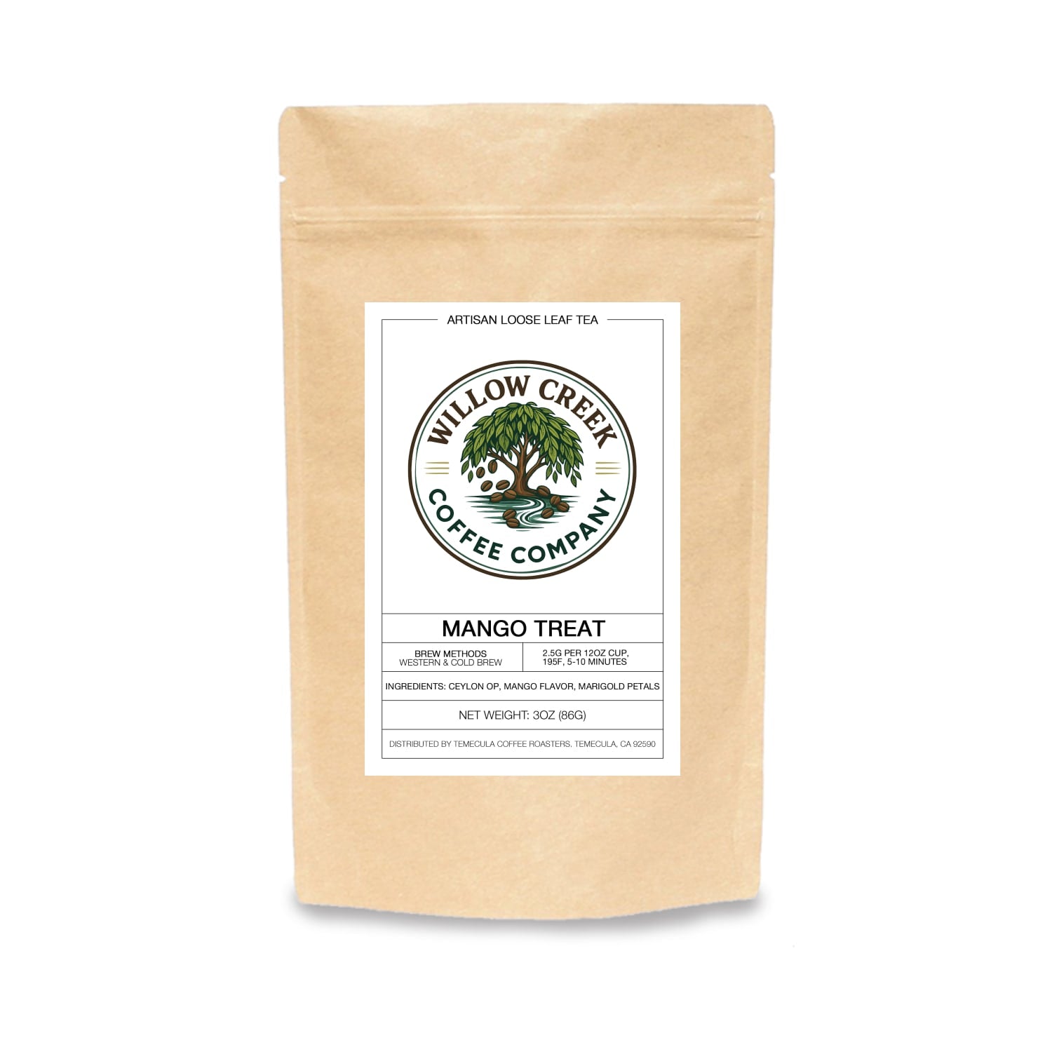 Willow Creek Coffee Company mango treat tea package on a white background