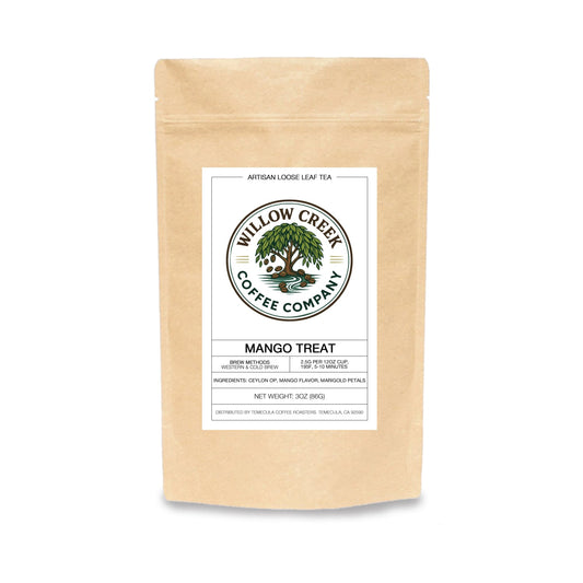 Willow Creek Coffee Company mango treat tea package on a white background