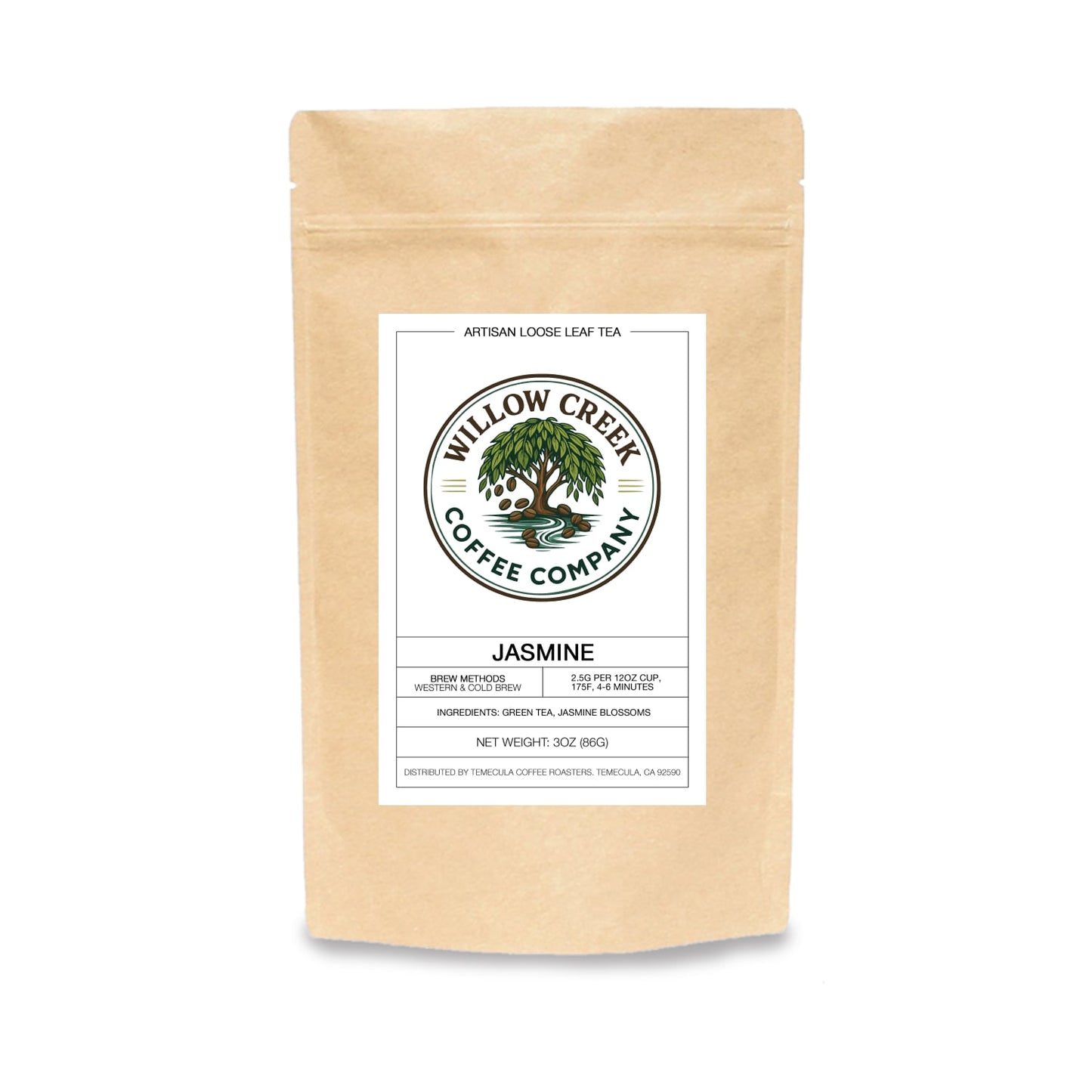 Willow Creek Coffee Company Jasmine tea package on a white background