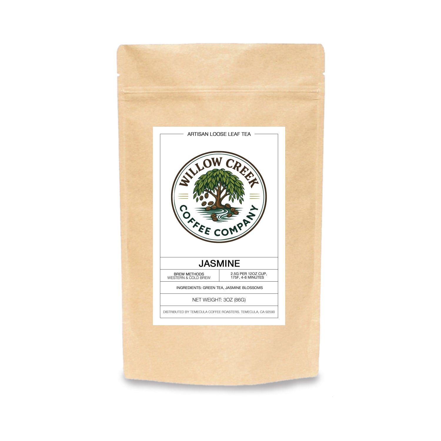 Willow Creek Coffee Company Jasmine tea package on a white background